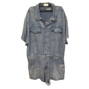 Good American Weightless Short Jumpsuit Denim Romper Casual Indigo Blue 6 Pocket